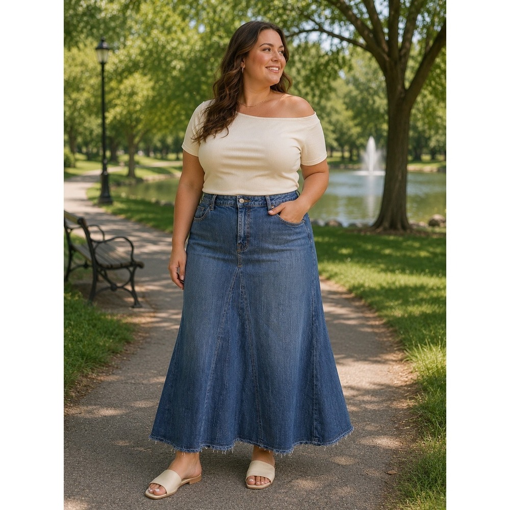 A.n.a Long Denim Flare Zip Pockets Stretch Raw Hem Maxi Length Skirt Size 16